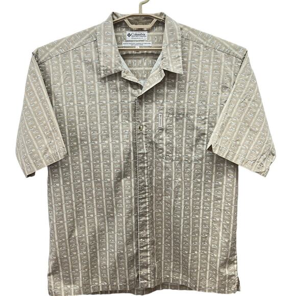 Columbia Mens Shirt Sportswear Swordfish Print XL Button Front Short Sleeve Tan - Picture 1 of 8